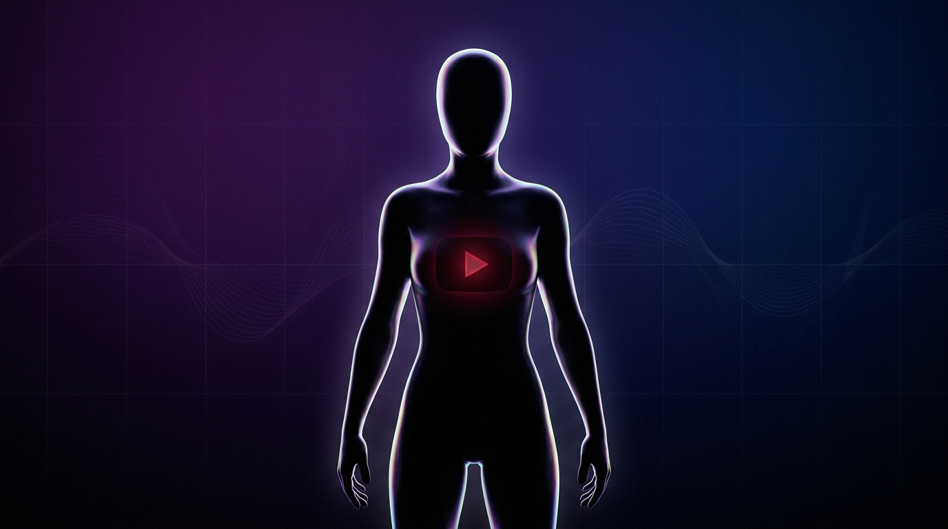 A faceless YouTube channel concept featuring a question mark avatar with the YouTube logo on a purple gradient background
