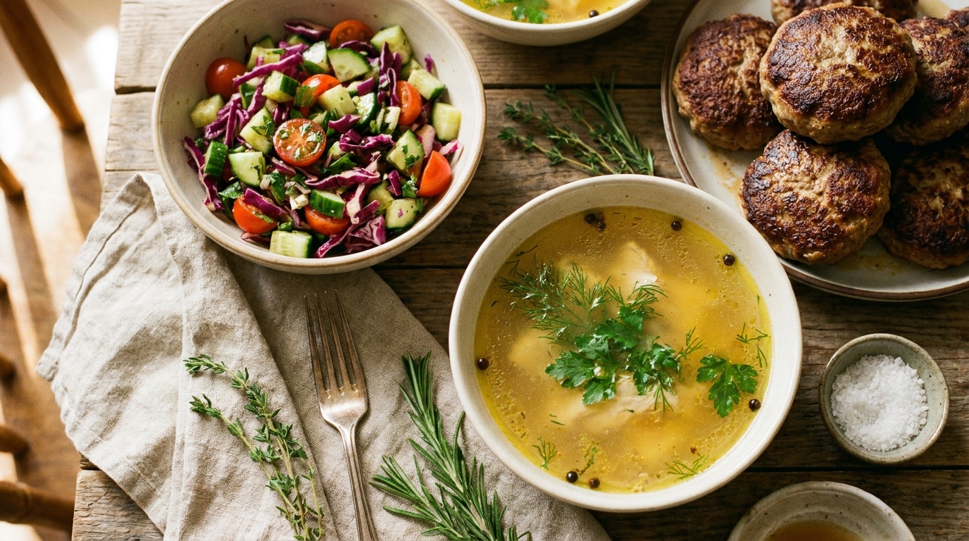 YouTube thumbnails showcasing homemade cooking recipes such as salads, chicken soup, and meat patties