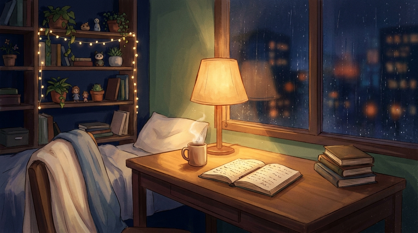 Lo-fi music YouTube thumbnails depicting study and relaxation scenes such as desks, bedrooms, and ancient-style settings