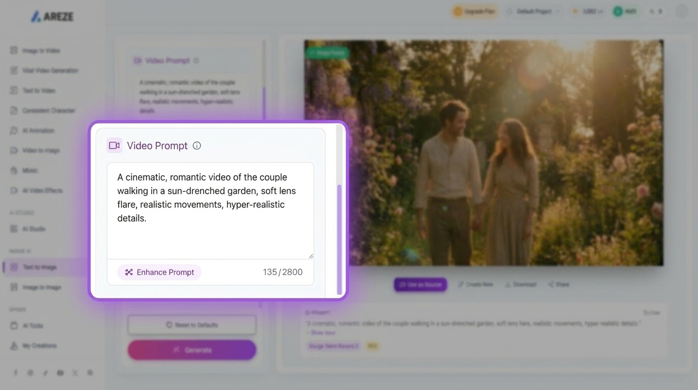 Image-to-video generation interface with a couple photo upload and prompt input for creating a romantic video
