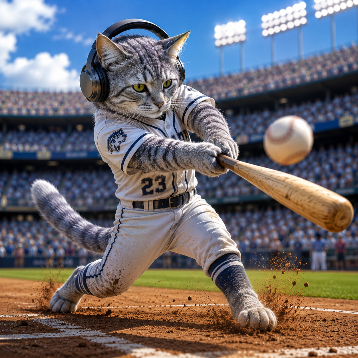 baseball cat with a headphone on