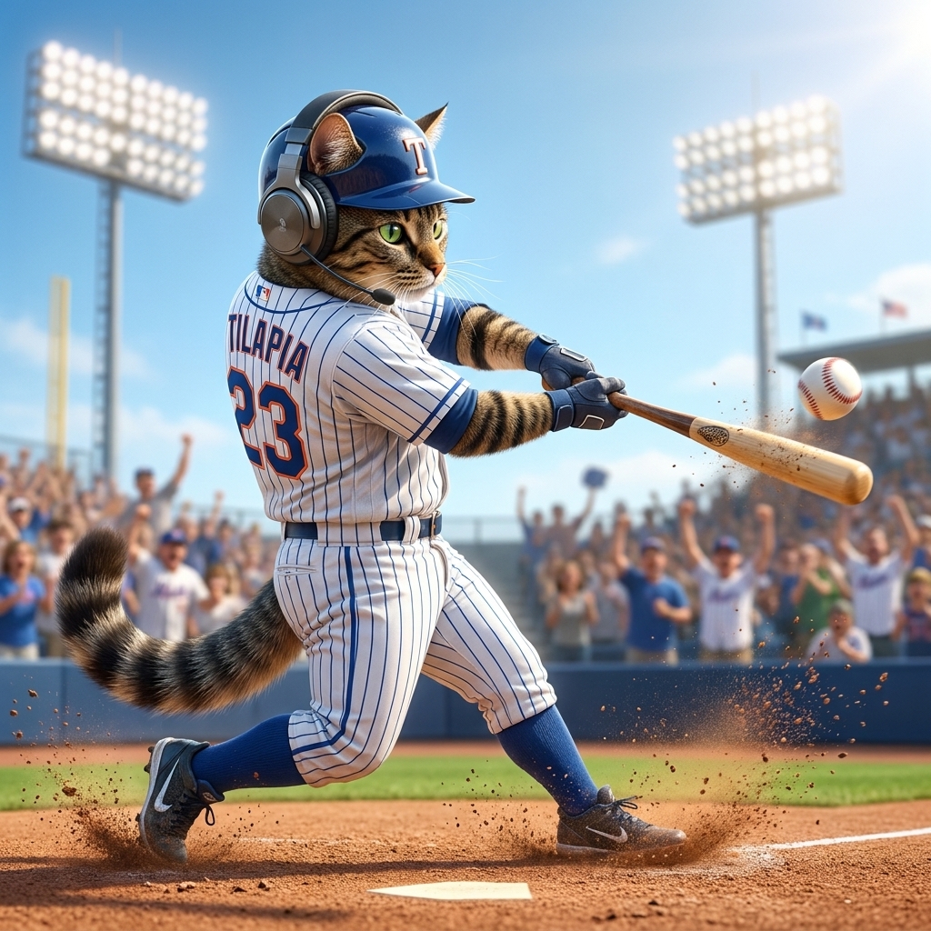 baseball cat with a headphone on