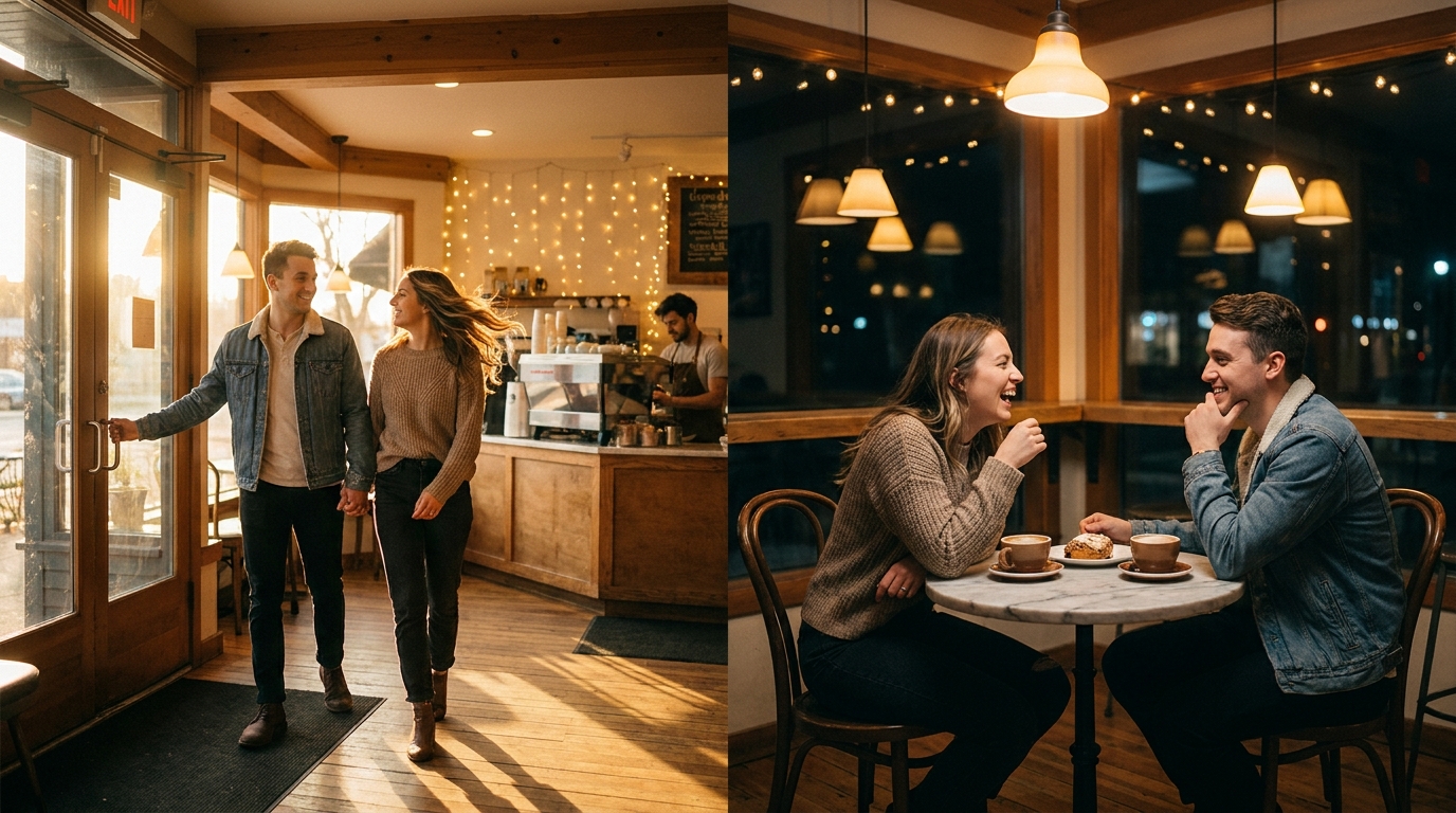 Start frame of a couple entering a cafe