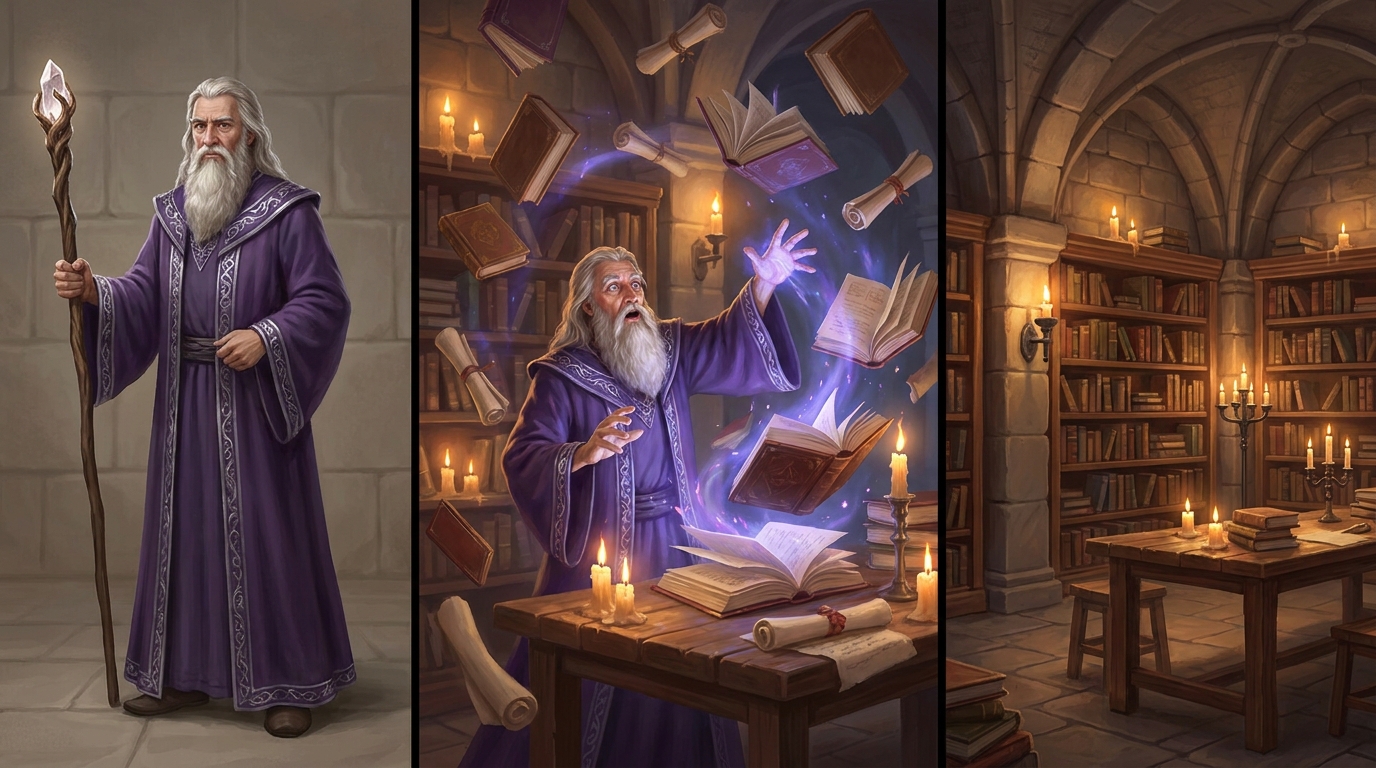 Reference image of a bearded wizard in purple robes