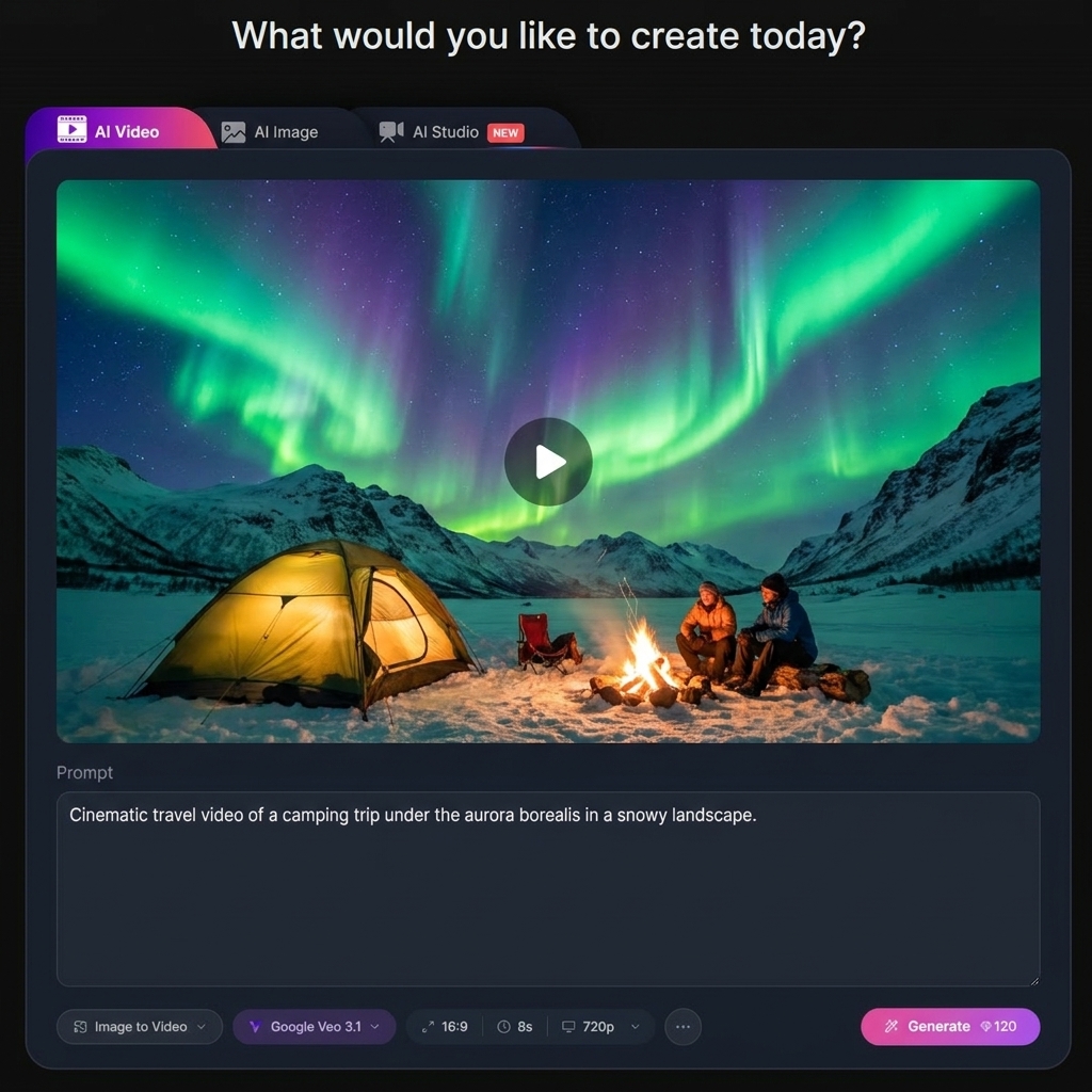 Travel video preview showing a camping scene under the northern lights with a prompt input box
