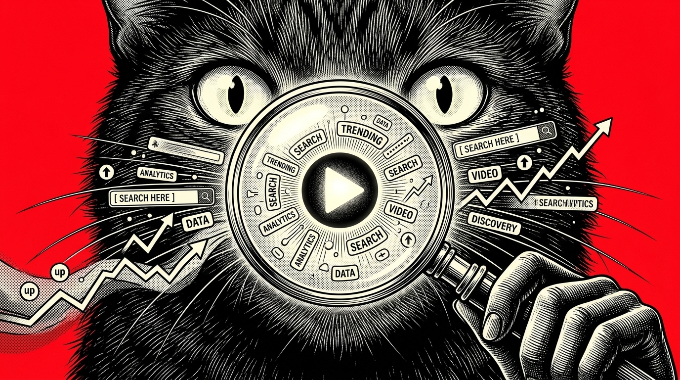 YouTube SEO optimization concept featuring the YouTube logo and a magnifying glass search icon